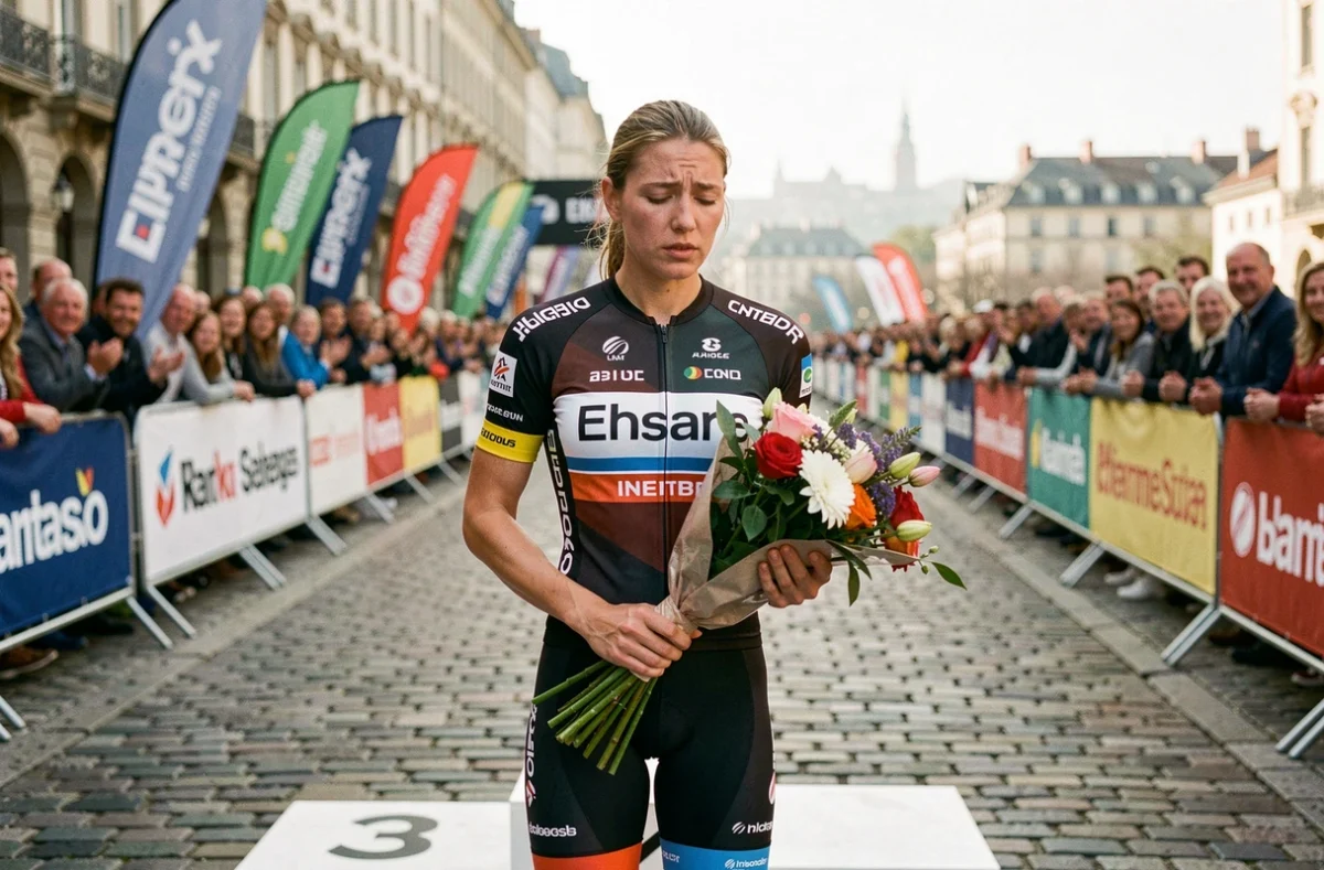 Cycliste professionnelle sur le podium d'un grand Tour en maillot de leader, illustrant la reconnaissance sportive et salariale au plus haut niveau