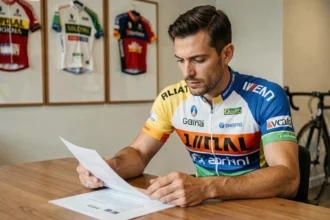 Cycliste professionnel en maillot d'équipe examinant un contrat salarial dans les locaux d'une équipe de cyclisme