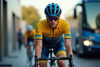 Cycliste professionnel inspectant son vélo de course avant une étape, équipement d'équipe professionnel en arrière-plan