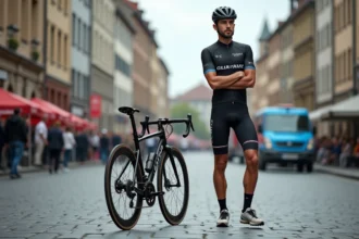 Cycliste professionnel homme en kit neuf près d'un vélo sur place européenne