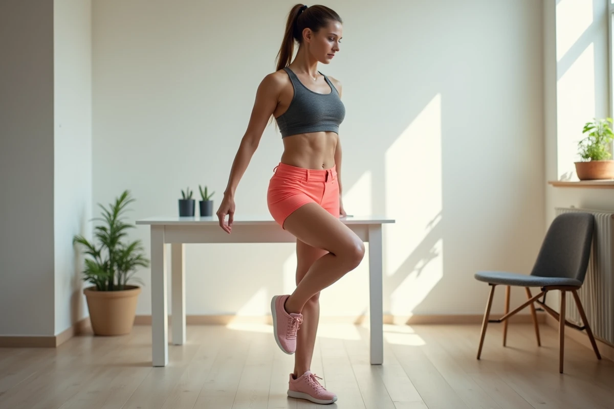Femme exécutant un deadlift sur une jambe pour travailler l'arrière des cuisses à la maison sans matériel