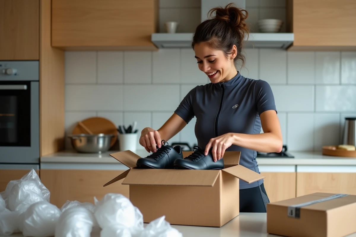 Femme déballant une commande Deporvillage reçue à domicile avec des chaussures de vélo neuves