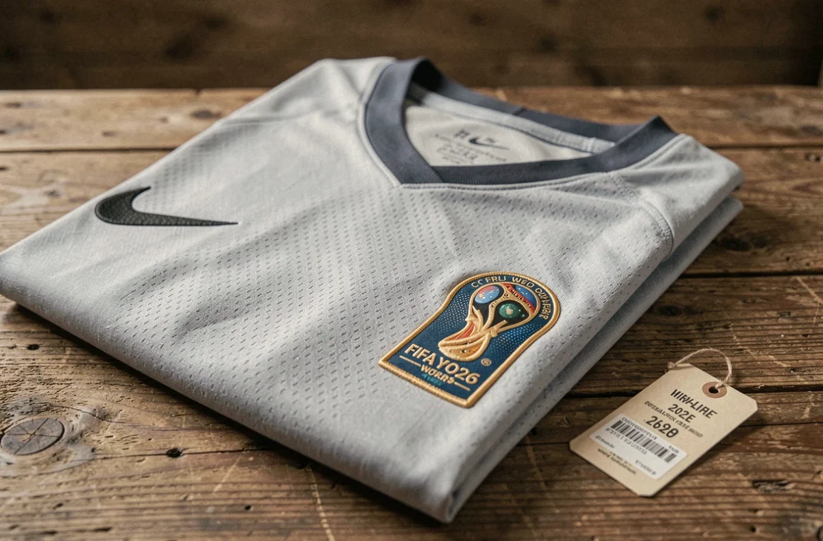 Détail du tissu et des badges officiels du maillot Nike Coupe du Monde 2026 posé sur une table en bois