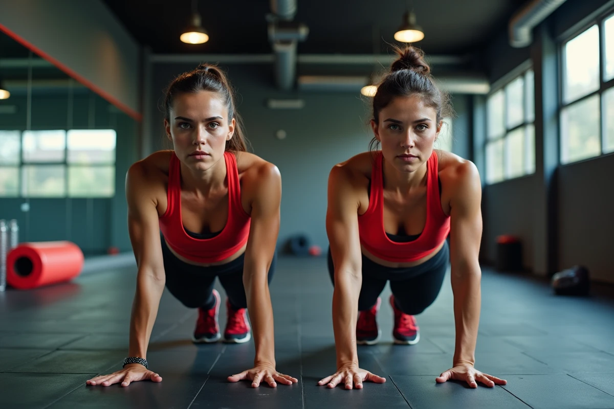Deux femmes synchronisées en position planche pendant un burpee dans une salle de fitness avec miroirs
