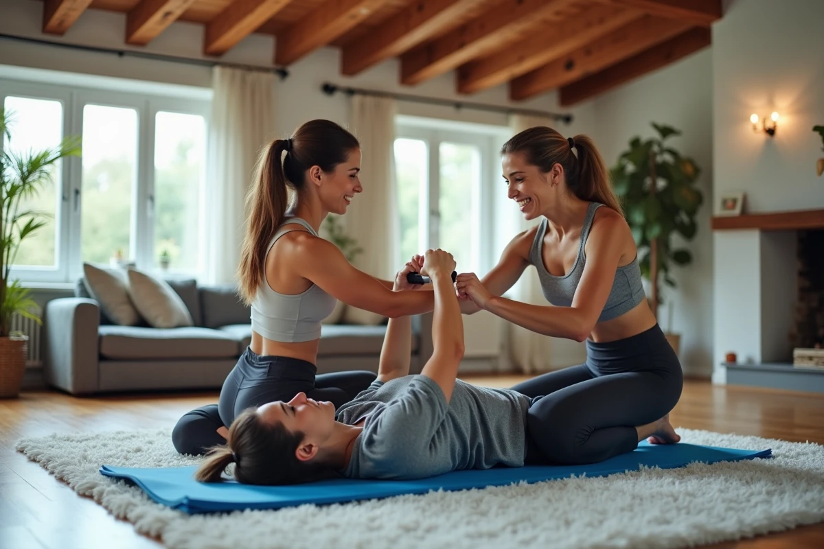 Deux femmes s'entraînant ensemble avec un élastique de musculation dans un salon chaleureux