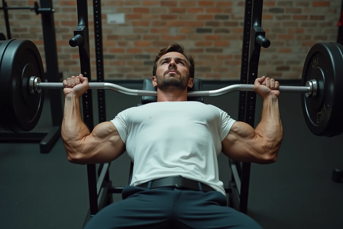 Homme effectuant un développé couché prise serrée pour muscler les triceps avec une barre olympique