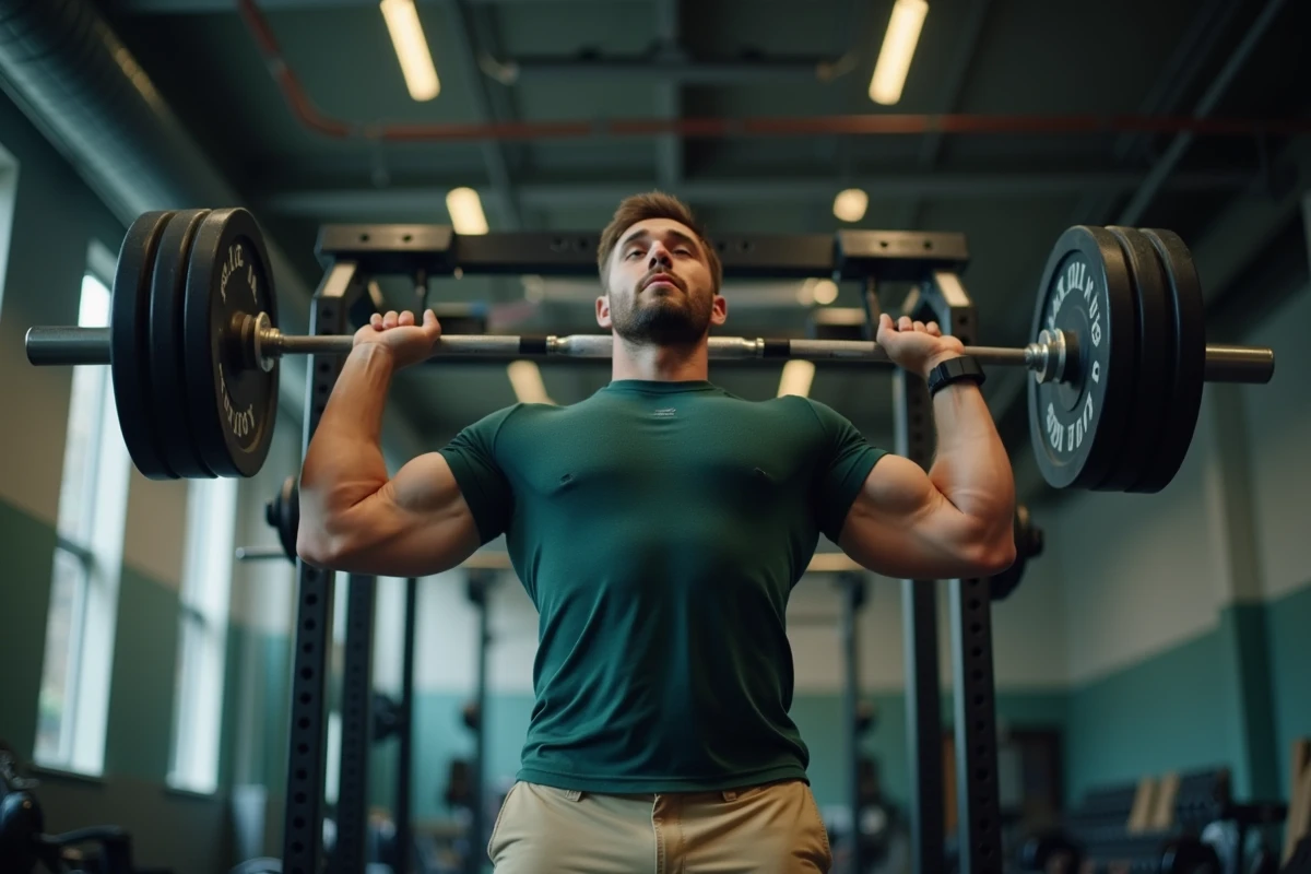 Homme réalisant un développé militaire à la barre pour muscler les épaules en salle de musculation