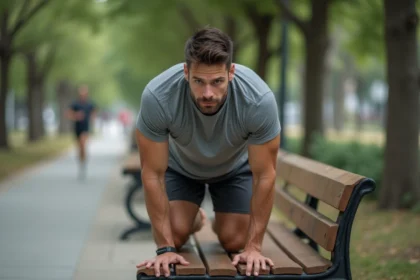 Homme musclé effectuant des dips sur un banc de parc pour muscler les triceps sans matériel