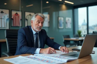 Directeur sportif d'un club de Ligue 1 analysant le budget mercato d'hiver dans son bureau