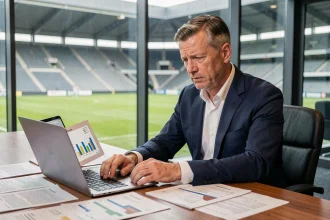 Dirigeant de club de Ligue 1 analysant des données financières dans une salle de réunion de stade moderne, illustrant le fossé budgétaire avec la Premier League