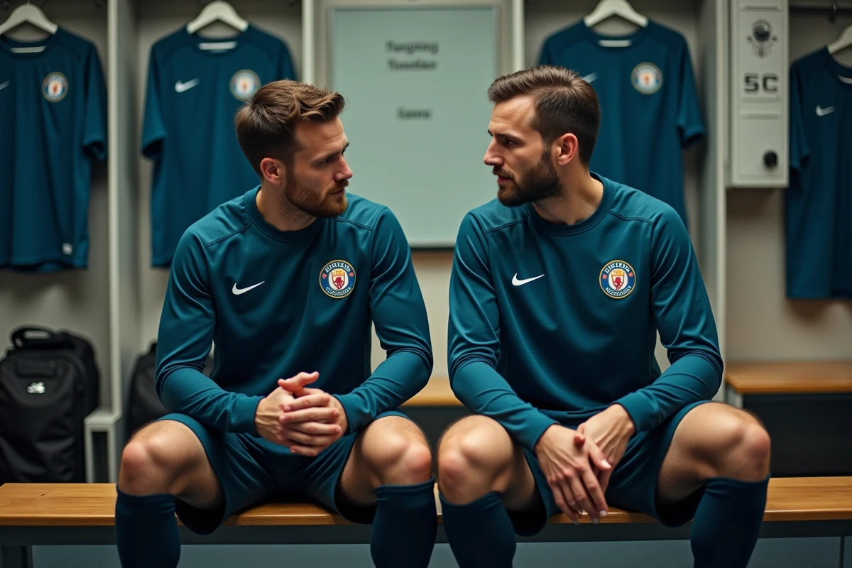 Deux joueurs de football en National 2 discutant de primes et avantages dans le vestiaire du club