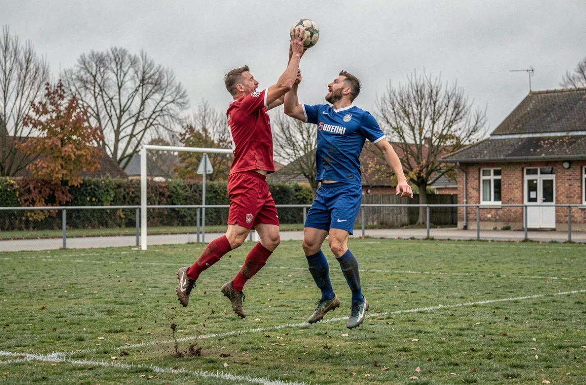Duel aérien entre deux joueurs seniors lors d'un match de football à Bergerac sous un ciel d'automne