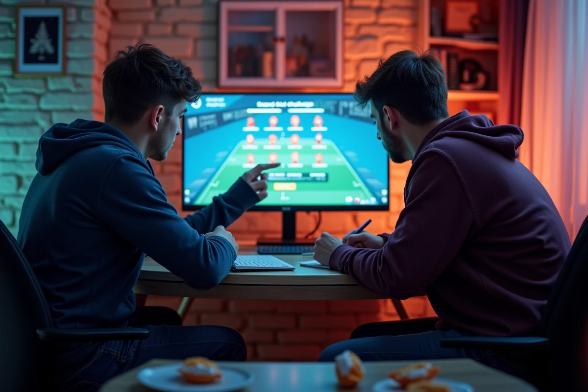 Deux joueurs collaborant pour corriger les erreurs d'une DCE FC 25 sur leur écran de jeu partagé