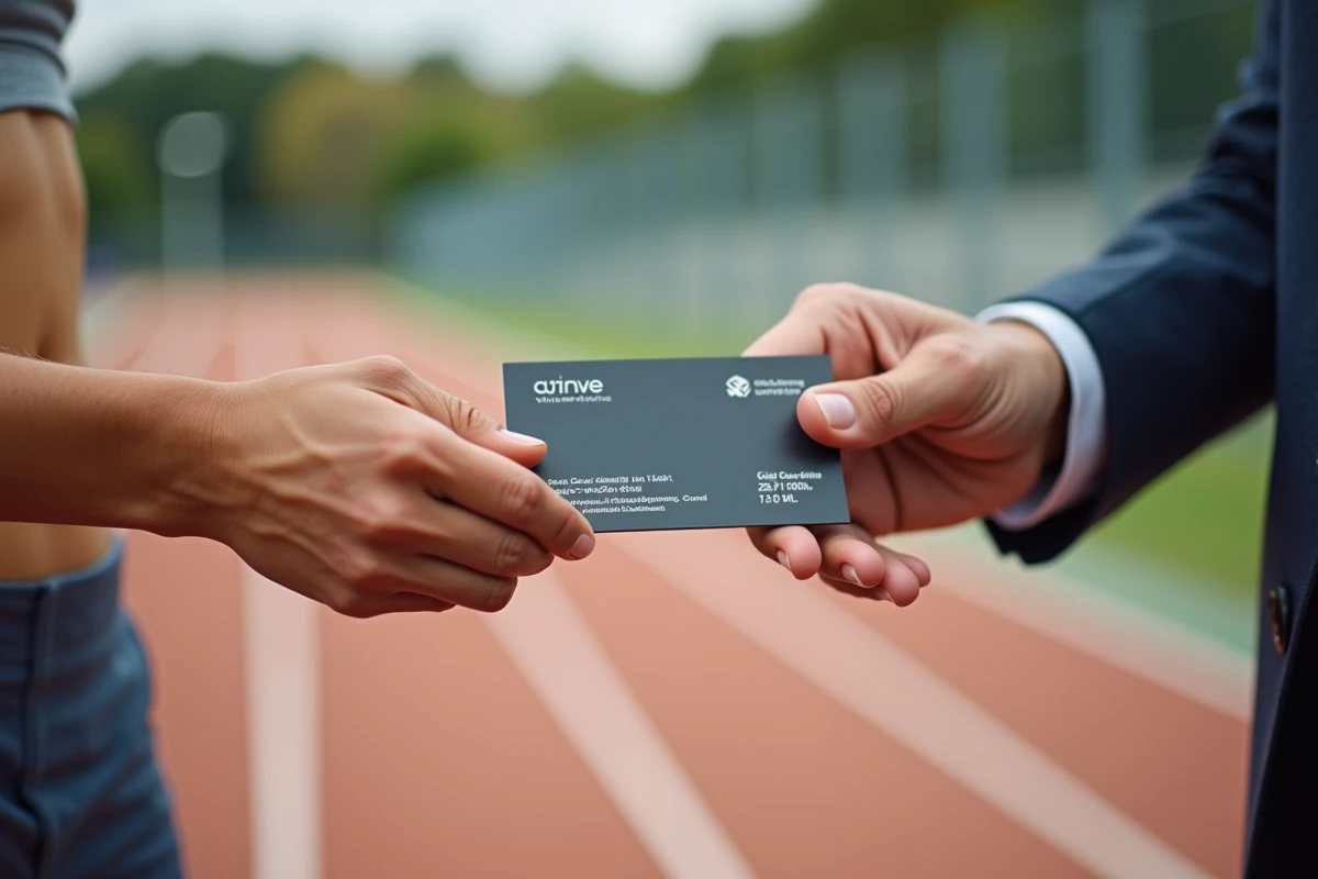 Échange de carte de visite entre un coach sportif et un client lors d'une rencontre professionnelle