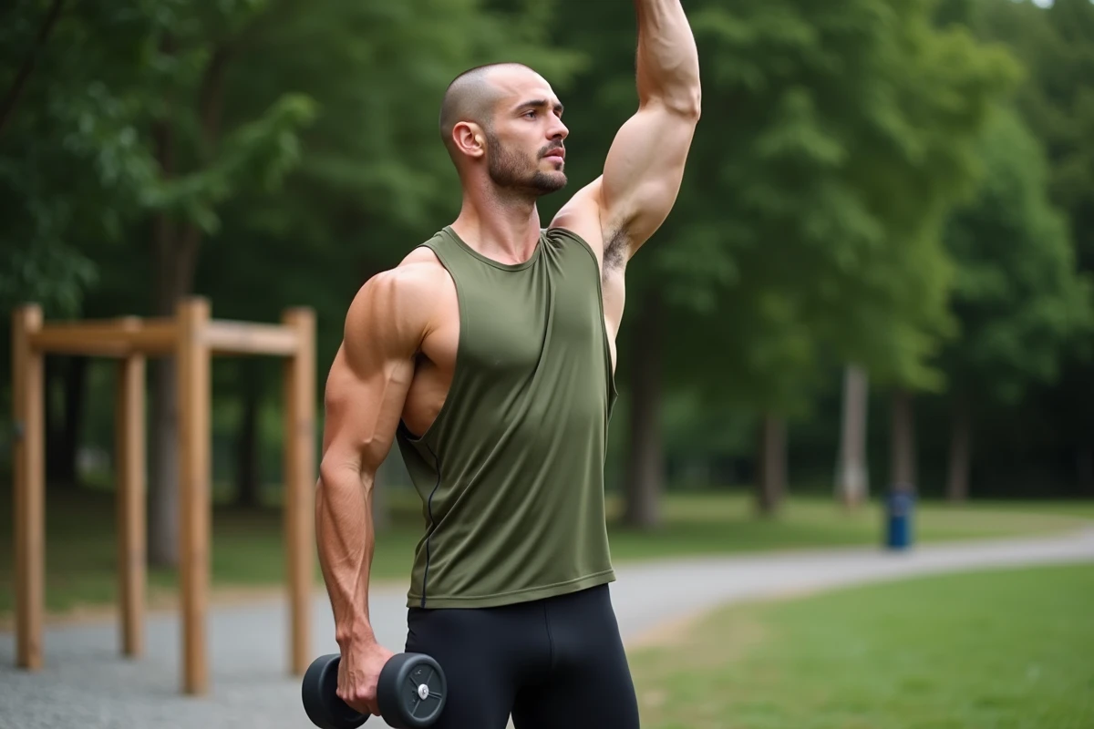 Homme athlétique réalisant une élévation frontale avec haltère dans un parc fitness en plein air