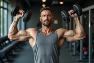 Homme musclé effectuant un élévation latérale avec haltères pour muscler les épaules en salle de sport