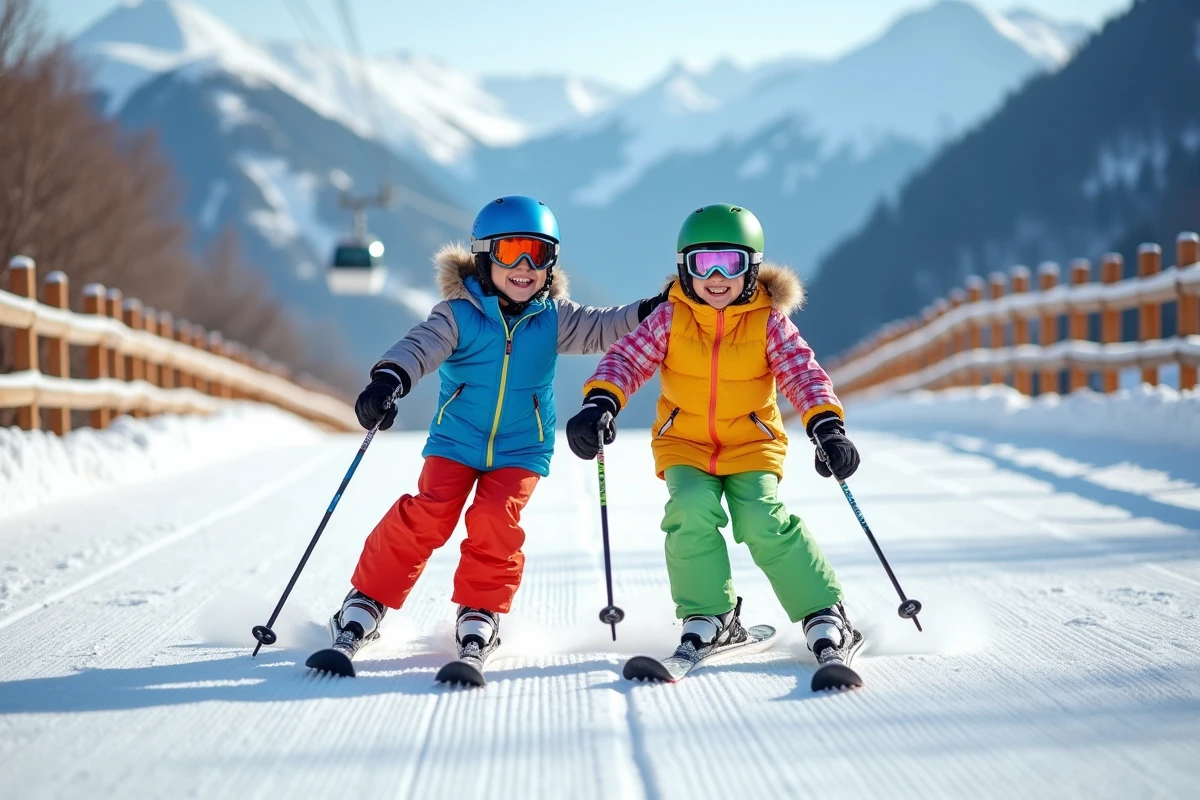 Enfants skiant sur les pistes débutants des Deux Alpes pendant des vacances en famille économiques