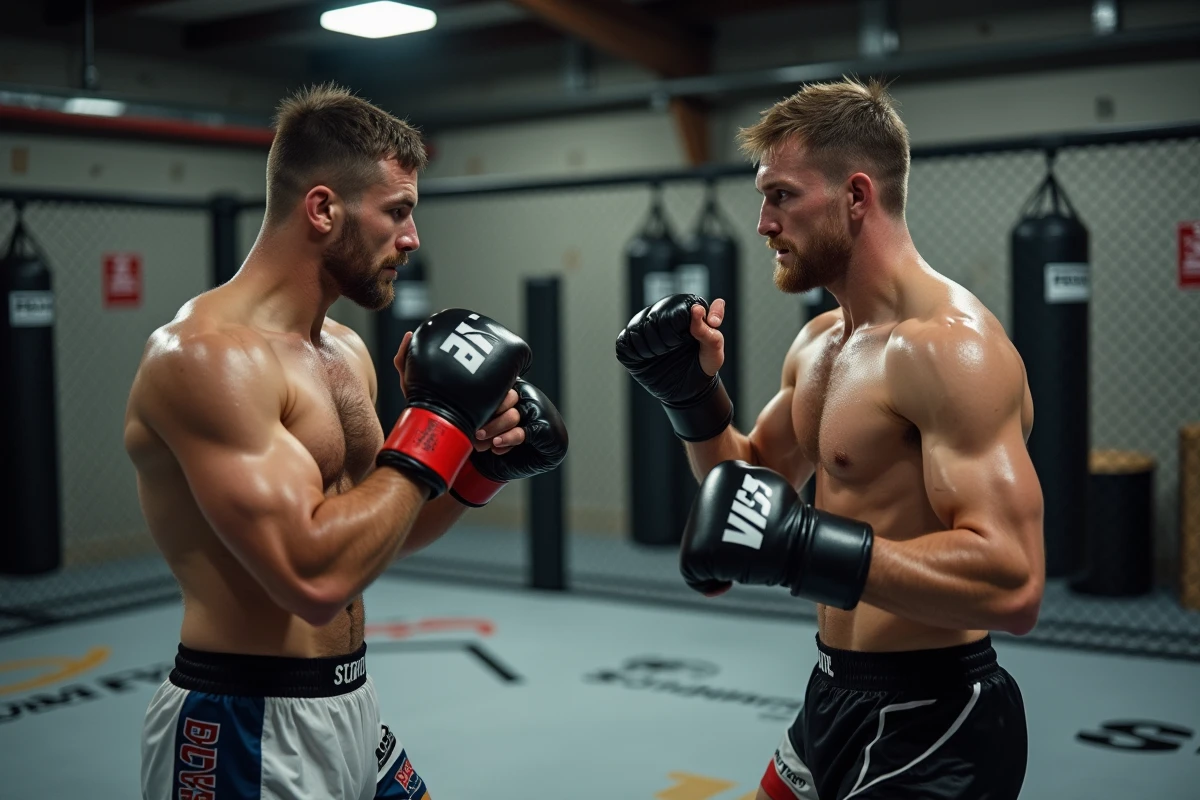 Deux combattants UFC en session d'entraînement dans une salle de sport professionnelle, préparation au championnat 2026
