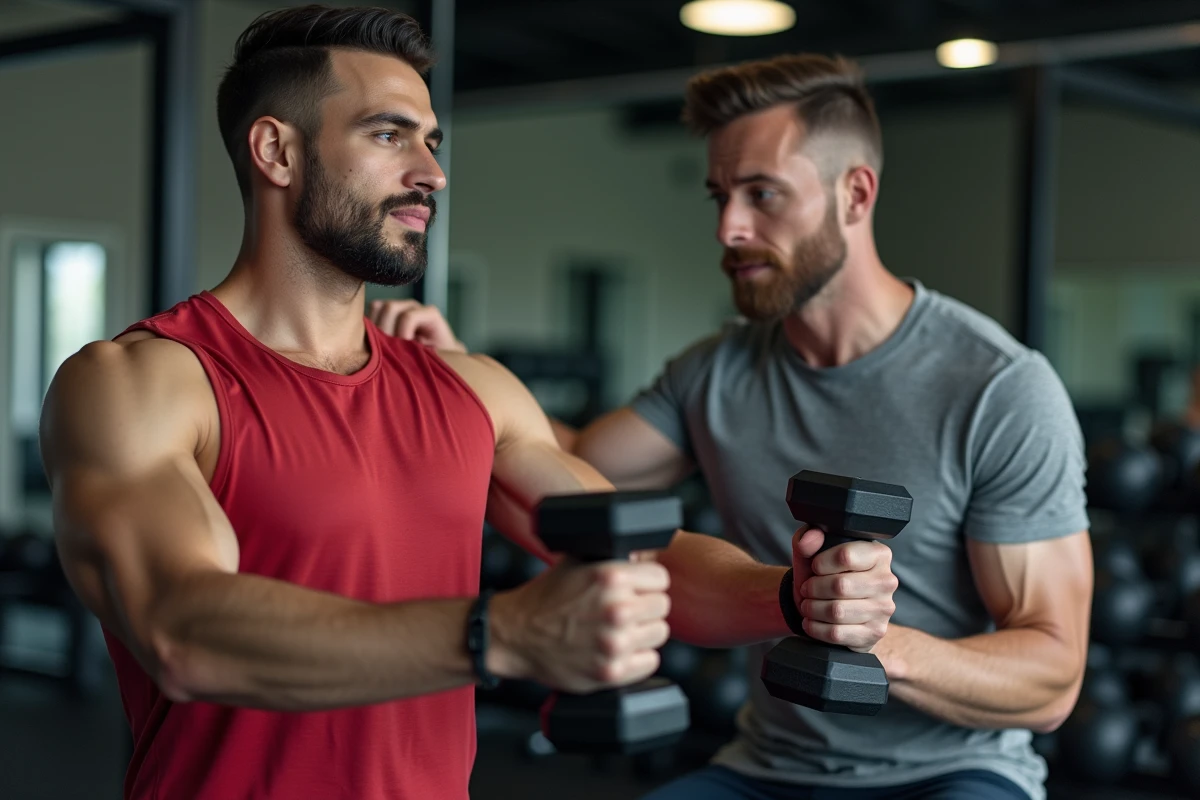 Deux hommes s'entraînant ensemble aux exercices d'épaules avec haltères dans une salle de sport