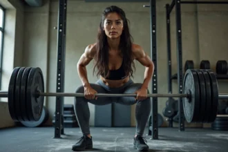Femme athlétique musclée effectuant un squat avec haltère dans une salle de musculation professionnelle