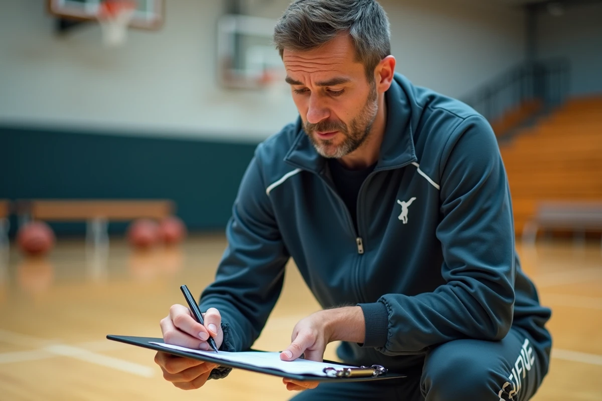 Entraineur de basketball en action dans un gymnase moderne