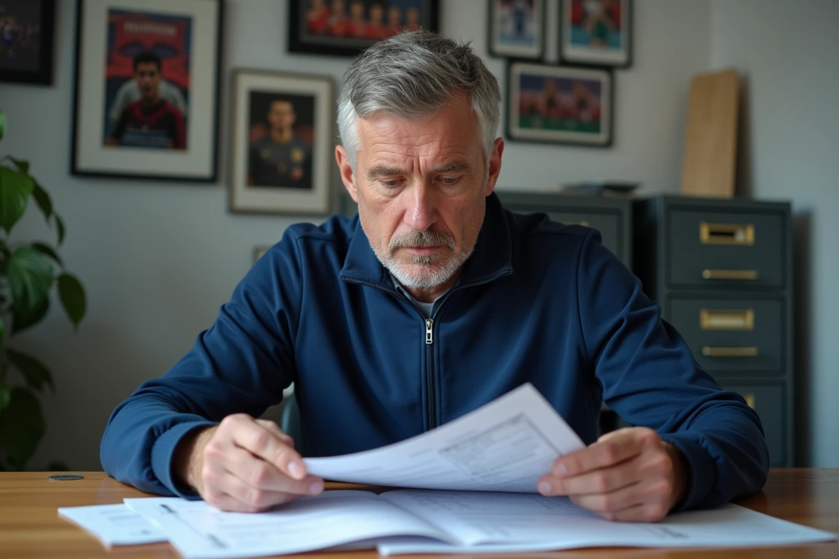 Entraineur de football en intérieur examinant des formulaires