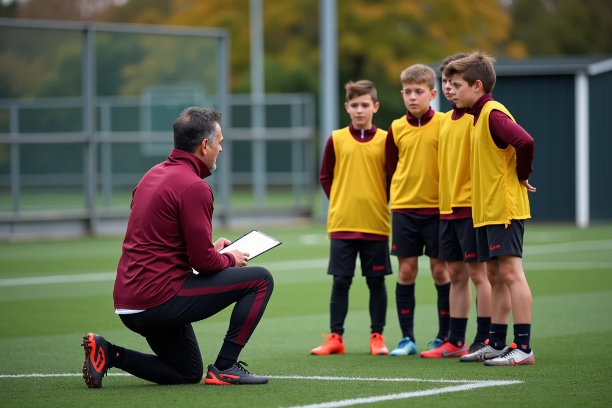 Entraîneur FFF donnant des consignes tactiques à de jeunes footballeurs lors d'un stage de détection en Essonne