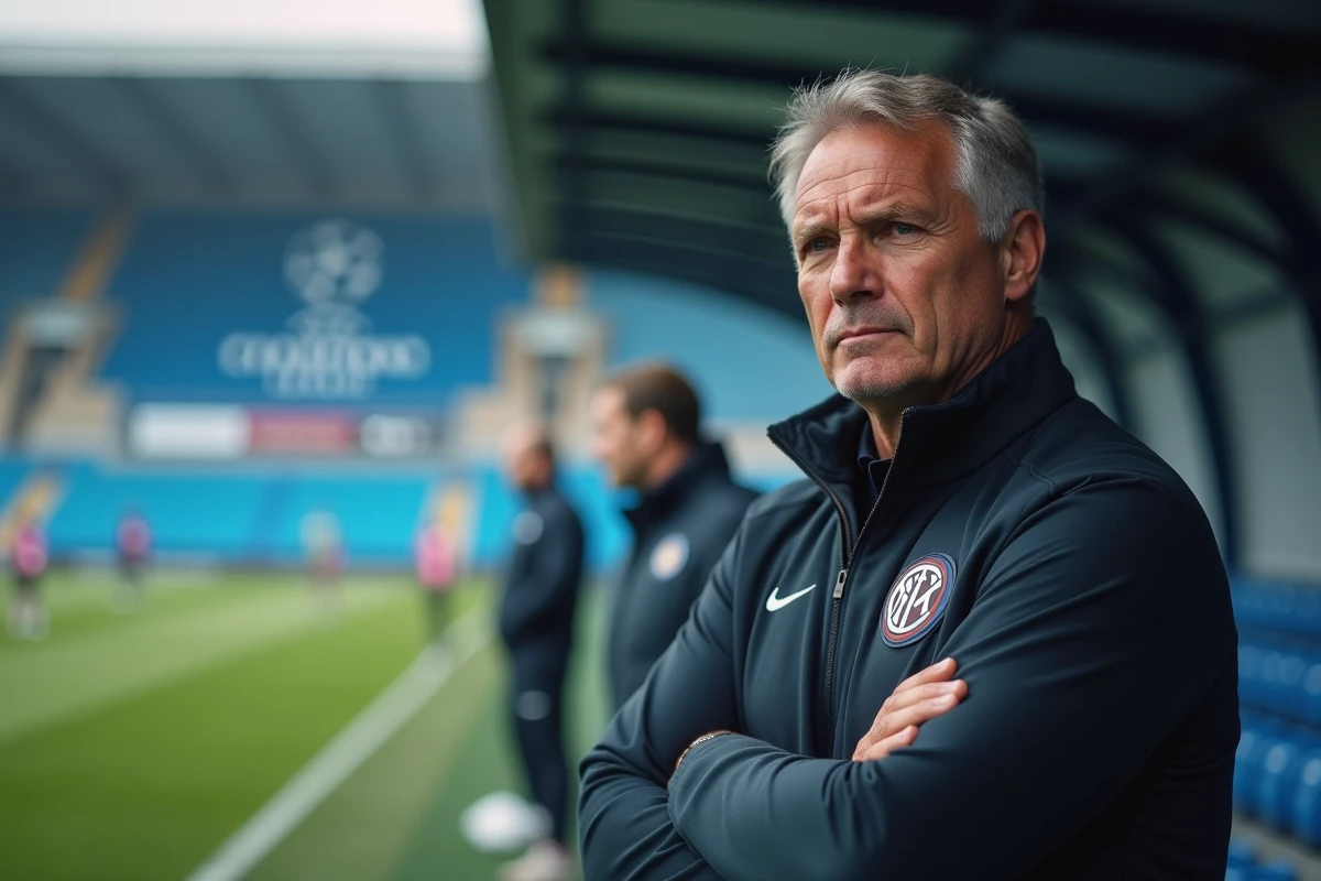 Entraîneur de l'Inter Milan concentré en bord de terrain lors d'une séance tactique de préparation à la Ligue des Champions