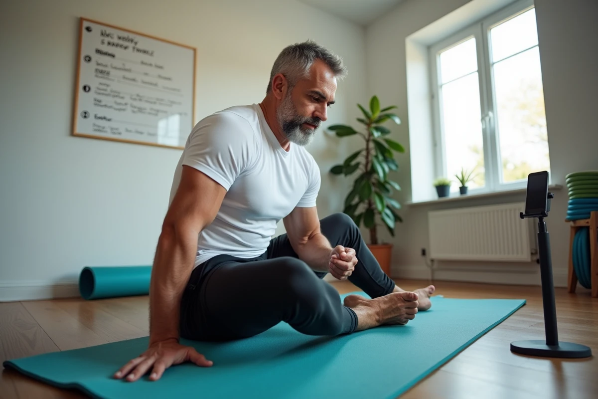 Entraîneur personnel à domicile animant une séance de renforcement musculaire dans un espace dédié au sport en appartement