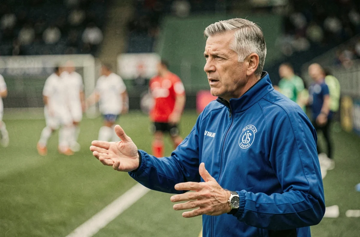 Entraîneur du Racing Club de Strasbourg donnant des instructions tactiques en bord de terrain lors d'un match 2026