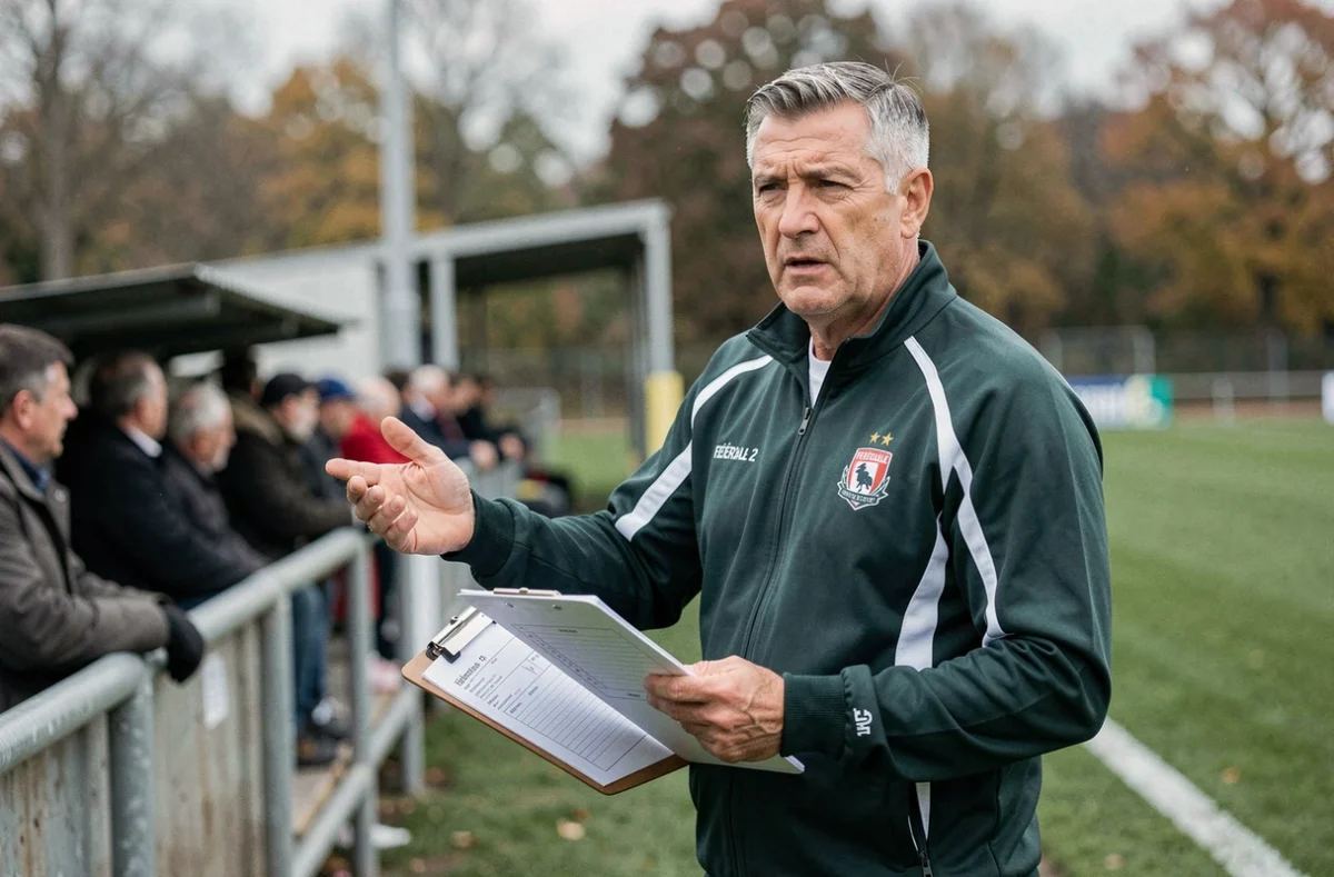 Entraîneur de rugby sur le bord du terrain lors d'un match de Fédérale 2, donnant ses consignes tactiques