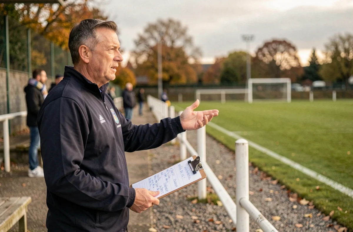 Entraîneur d'une équipe senior de football de Bergerac donnant des consignes tactiques en bord de terrain
