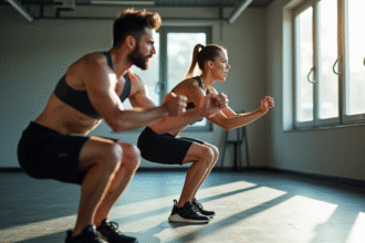 Jeune homme et femme s'entraînant avec un coach en salle