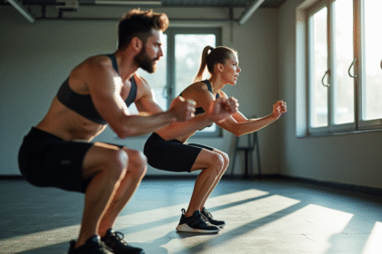 Jeune homme et femme s'entraînant avec un coach en salle