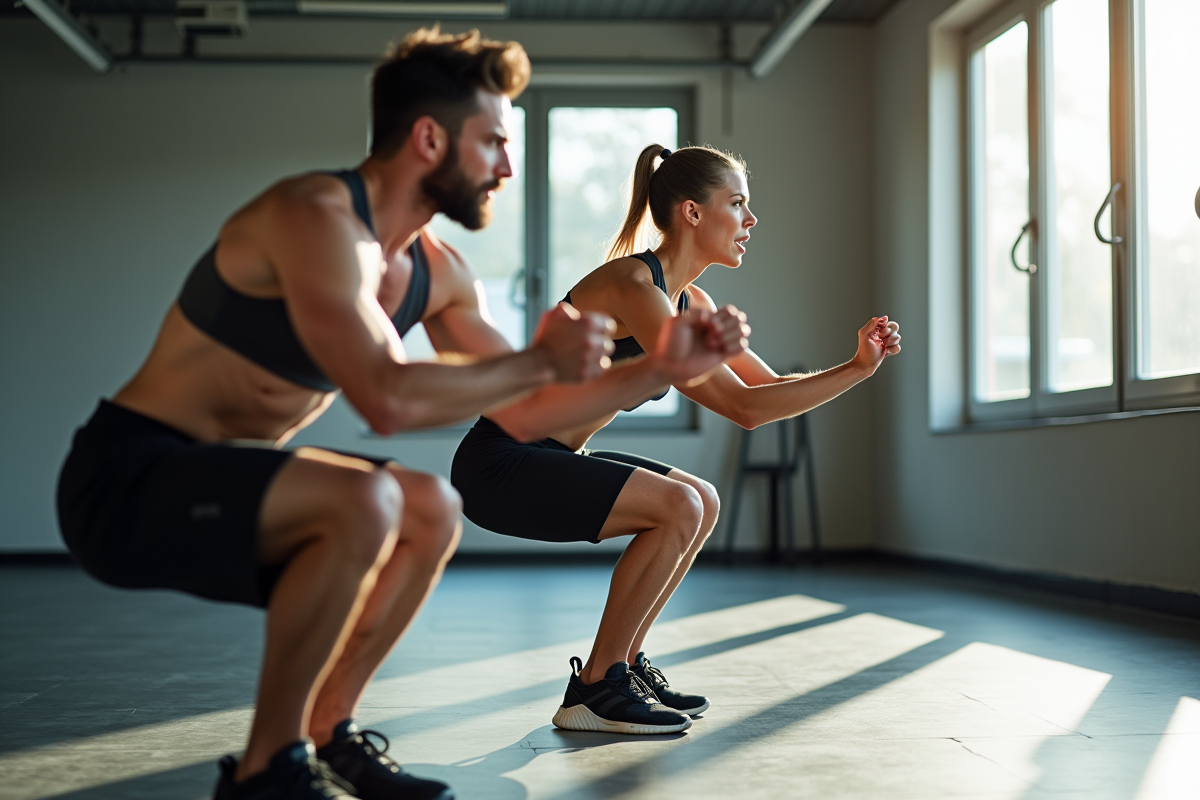 Jeune homme et femme s'entraînant avec un coach en salle