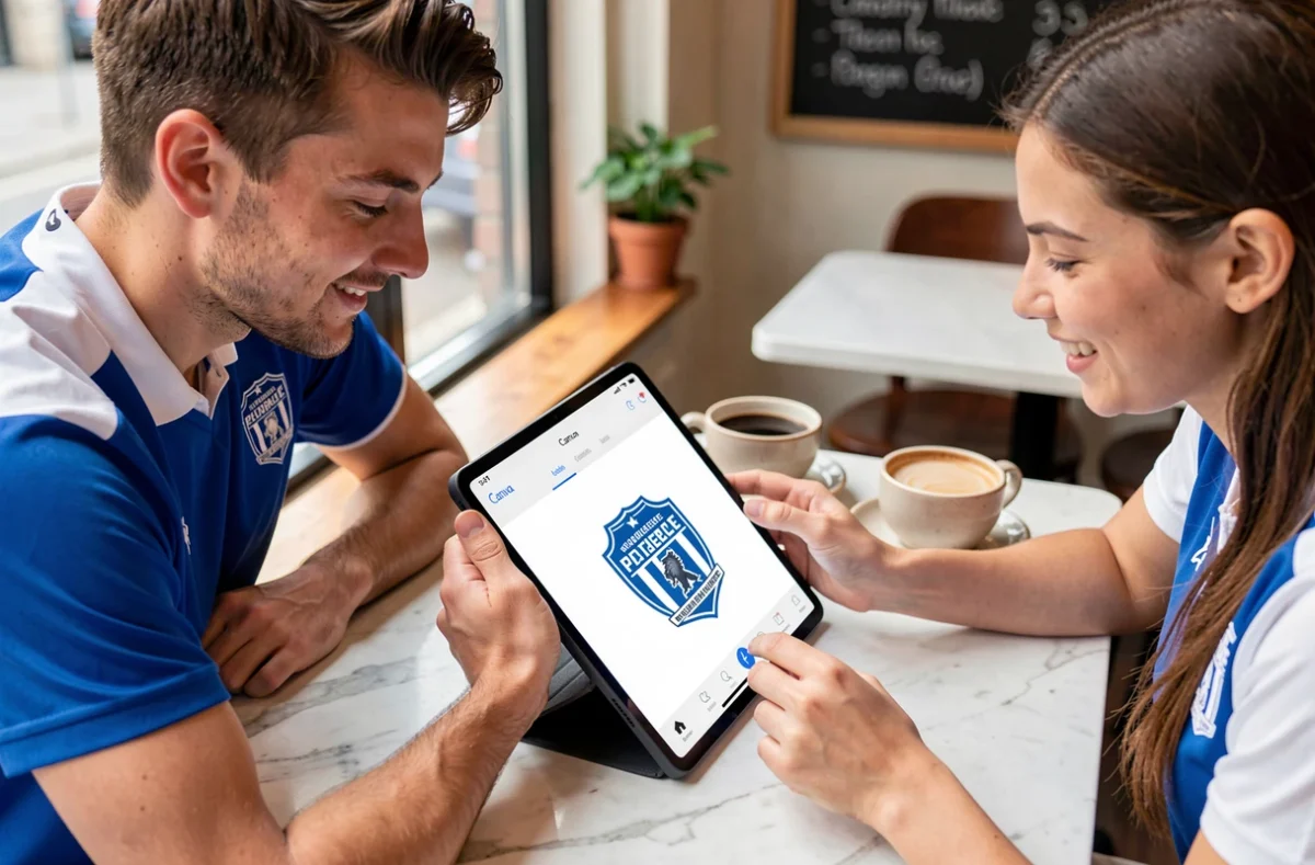 Deux membres d'un club de football révisant leur logo créé sur Canva depuis une tablette dans un café