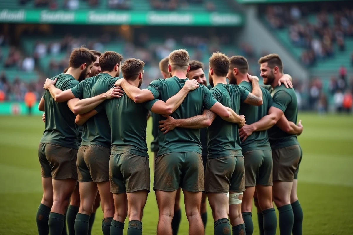 Groupe de joueurs de rugby en huddle après un match intense