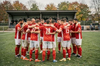 Équipe de football senior de Bergerac en cercle tactique avant un match sur un terrain régional en automne