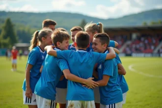 Jeunes joueurs de football en célébration sur le terrain en Isère