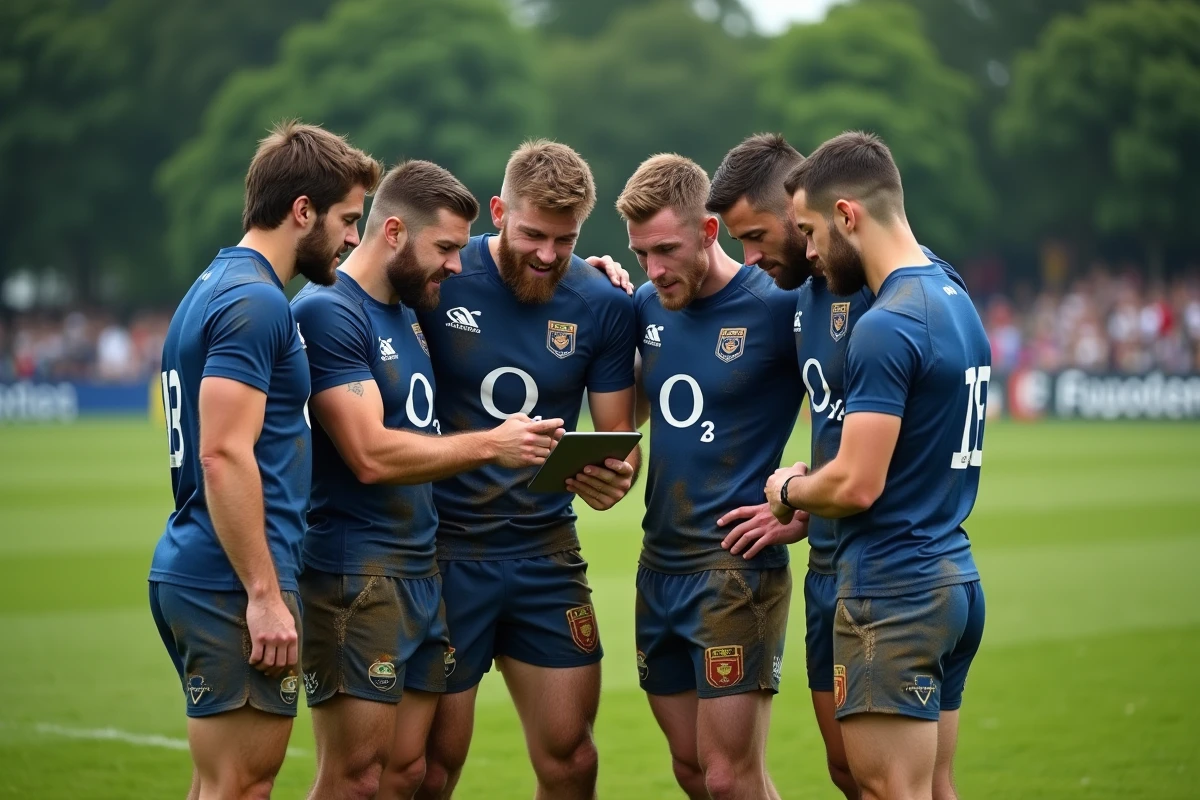 Equipes de rugby en pleine action sur le terrain avec tablette