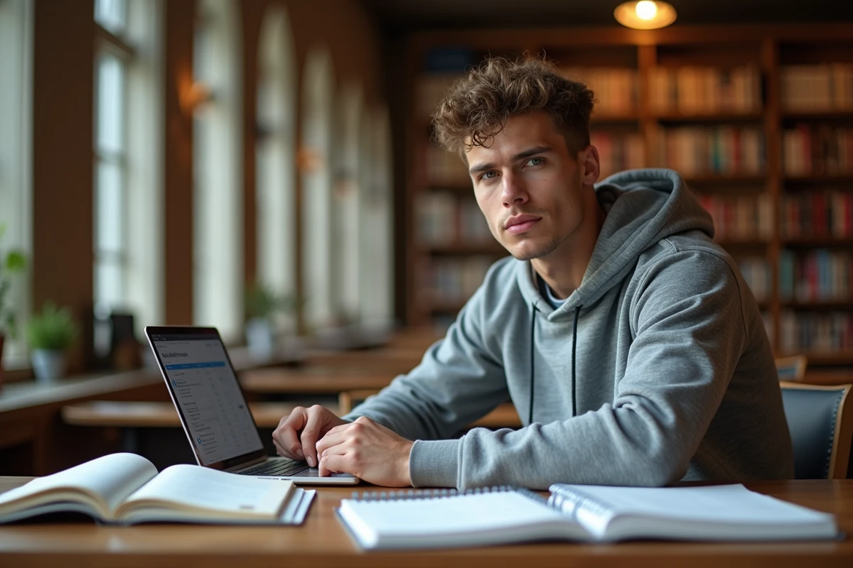Étudiant en STAPS révisant les matières théoriques de sa formation de coach sportif dans une bibliothèque universitaire