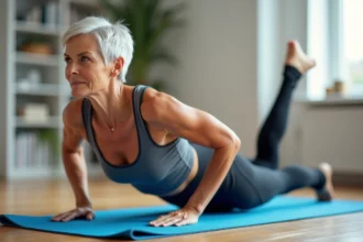 Femme de 50 ans faisant des exercices abdominaux sur un tapis de yoga bleu à la maison