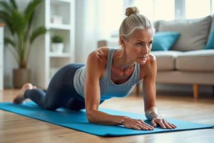 Femme de 60 ans effectuant des crunchs abdominaux sur un tapis de yoga à la maison pour perdre du ventre