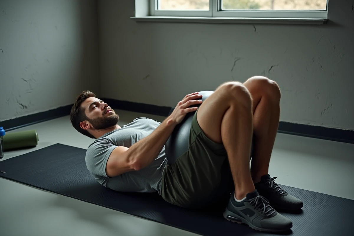 Homme allongé serrant un ballon de gym entre les genoux pour travailler les adducteurs