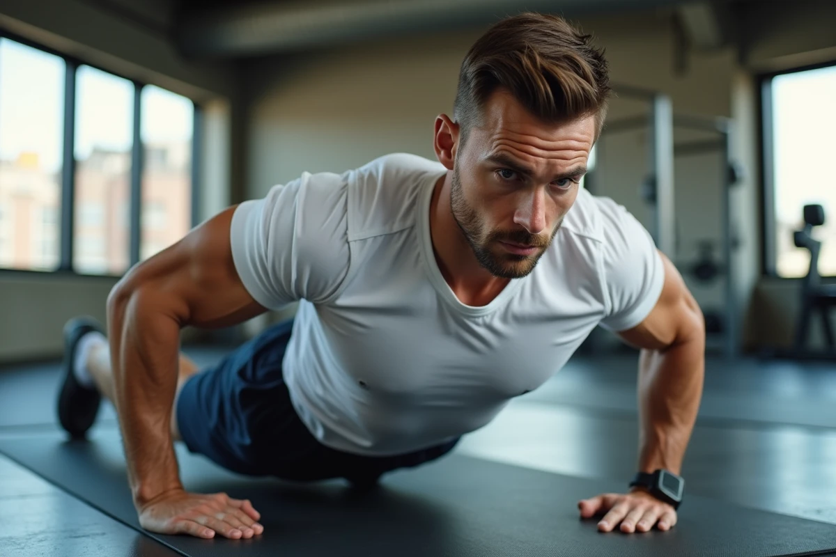 Homme musclé effectuant des crunchs bicycle pour cibler les muscles du bas du ventre en salle de sport