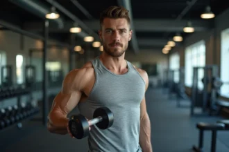 Homme musclé effectuant un curl biceps avec haltère dans une salle de sport moderne
