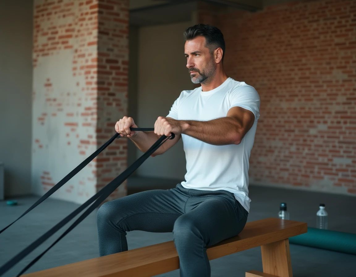 Homme musclant son dos avec une bande élastique de résistance dans un home gym minimaliste