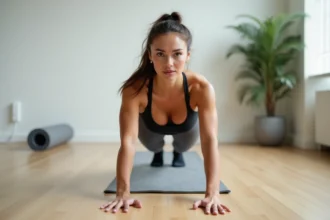 Femme en position de planche sur un sol en bois dans une salle de sport à domicile, illustrant un exercice de gainage pour perdre du ventre