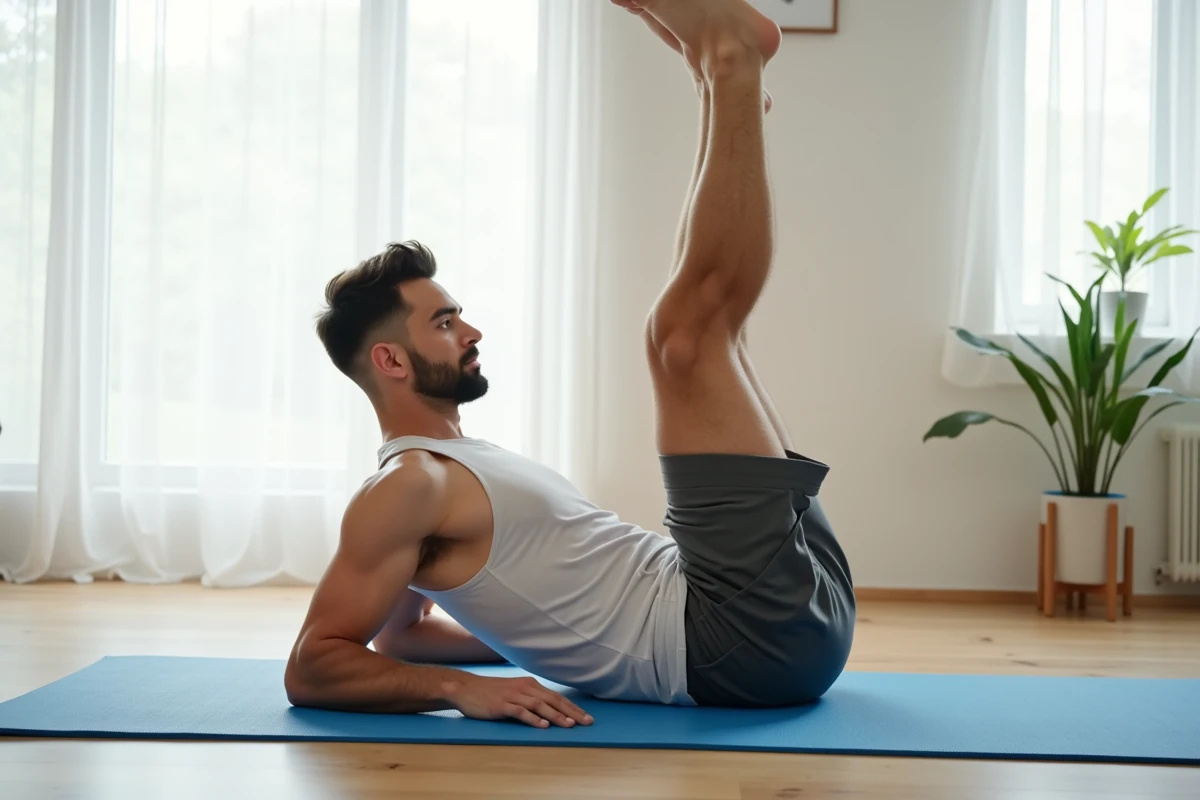 Homme allongé sur tapis effectuant un levé de jambe latérale Pilates pour les adducteurs