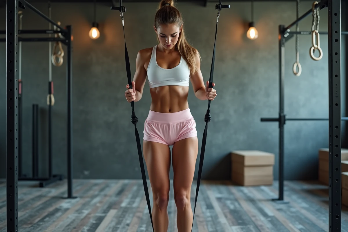 Jeune femme utilisant un élastique de résistance pour des exercices de mollets dans une salle CrossFit industrielle